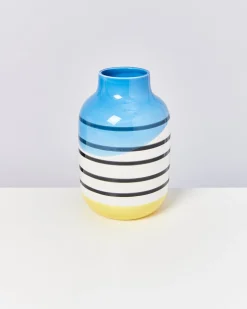Motel a Miio Große Vasen^Nuno Vase L - Black & White Striped With Blue